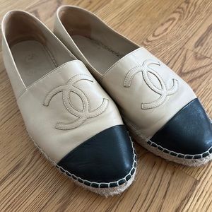 Beige & Black Lambskin Chanel Espadrilles, Size 41.